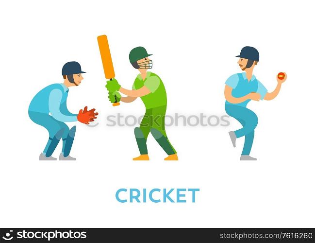 Cricket game vector, people playing competitive kind of sports, characters holding bat, wearing glove and throwing ball. Sportsman team flat style. Cricket Players Team of Characters with Bats Balls