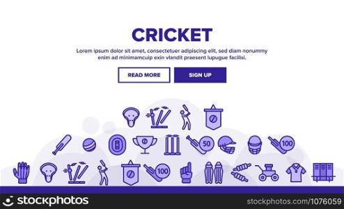Cricket Landing Web Page Header Banner Template Vector. Player Silhouette And Helmet, Ball And Bat, Goblet And Cricket Equipment Illustration. Cricket Landing Header Vector