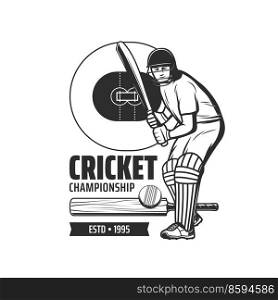 Cricket player icon for championship or sport game tournament, vector team club symbol. Cricket sport league icon with player in uniform with bat and ball on field chevron with ribbon. Cricket player icon for championship or sport game