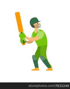 Cricket player in protective helmet with bat in hands ready to hit ball. Vector, person playing competitive English kind of sports, character in gloves. Cricket Player in Protective Helmet, Bat in Hand