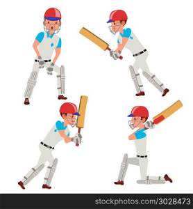 Cricket Player Male Vector. Cricket Team Characters. Flat Cartoon Illustration. Professional Cricket Player Vector. Equipped Players. Pads, Bats, Helmet. Isolated On White Cartoon Character Illustration