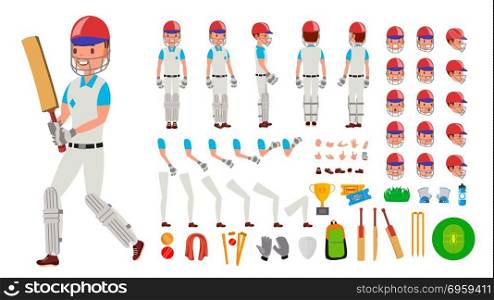 Cricket Player Male Vector. Sport Cricket Player Man. Cricketer Animated Character Creation Set. Full Length, Front, Side, Back View, Accessories, Poses, Emotions, Gestures. Isolated Flat Illustration. Cricket Player Male Vector. Sport Cricket Player Man. Cricketer Animated Character Creation Set. Full Length, Front, Side, Back View, Accessories, Poses, Emotions, Gestures Isolated Illustration