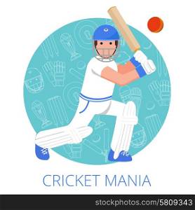 Cricket player with bat in helmet and leg guards on game equipment outlined background abstract vector illustration. Cricket player icon poster print flat