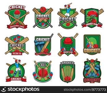 Cricket sport game icons. Players, helmet, ball and bat, protective gear pads. Cricket game competition vector symbols, sport tournament and ch&ionship badge, cricket league team icons. Cricket sport game icons with player, bat and ball