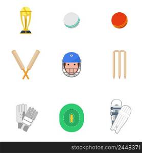 Cricket sport game icons set with protective leg guard and helmet and trophy abstract isolated vector illustration. Cricket icons set flat