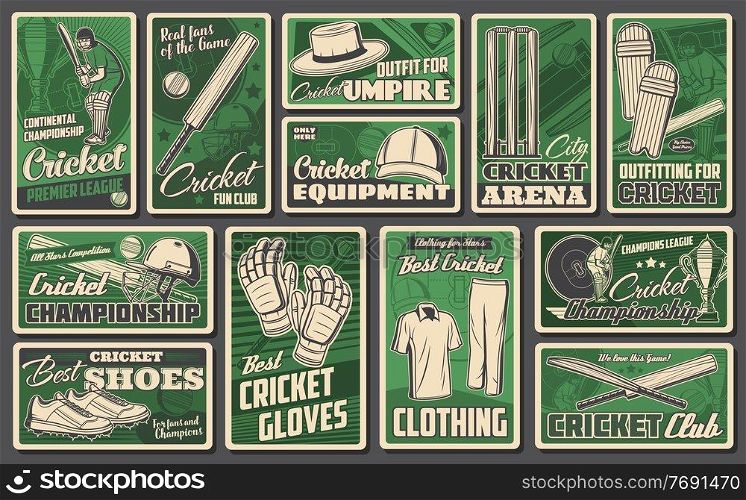Cricket sports game vector retro banners. Sportsman player on stadium field and equipment cricket ball, bat and uniform helmet with gloves. Sport club and championship match retro promo cards set. Cricket sports game vector retro banners set.