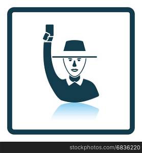 Cricket umpire with hand holding card icon. Shadow reflection design. Vector illustration.