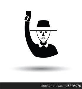 Cricket umpire with hand holding card icon. White background with shadow design. Vector illustration.
