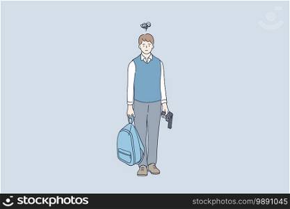 Crime, aggression, potential murderer concept. Young schoolboy cartoon character standing and holding backpack and gun with terrible thoughts on mind vector illustration . Crime, aggression, potential murderer concept