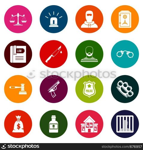 Crime and punishment icons many colors set isolated on white for digital marketing. Crime and punishment icons many colors set
