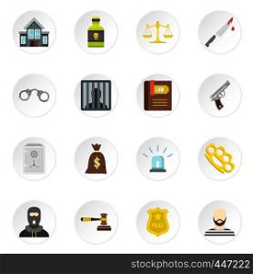Crime and punishment icons set in flat style. Law and order set collection vector icons set illustration. Crime and punishment icons set, flat style