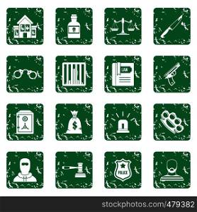 Crime and punishment icons set in grunge style green isolated vector illustration. Crime and punishment icons set grunge
