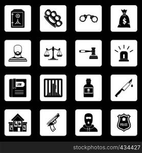 Crime and punishment icons set in white squares on black background simple style vector illustration. Crime and punishment icons set squares vector