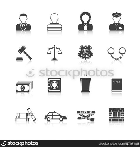 Crime and punishment legal system tribunal attorney investigation documents icons set black abstract isolated vector illustration