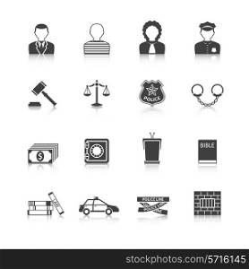 Crime and punishment legal system tribunal attorney investigation documents icons set black abstract isolated vector illustration