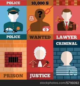 Crime and punishment mini poster set with police lawyer prison justice criminal isolated vector illustration