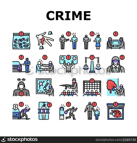 Crime Bandit Illegal Actions Icons Set Vector. Criminal Attempt And Conspiracy, Traffic Offense And Sharing Intimate Images Without Consent, Sex Crime And Kidnapping Line. Color Illustrations. Crime Bandit Illegal Actions Icons Set Vector