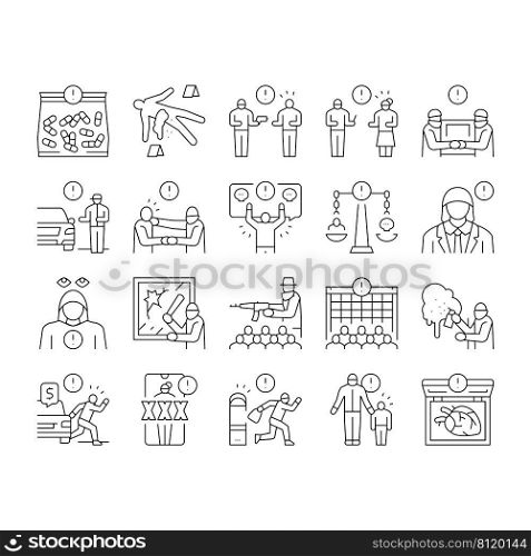 Crime Bandit Illegal Actions Icons Set Vector. Criminal Attempt And Conspiracy, Traffic Offense And Sharing Intimate Images Without Consent, Sex Crime And Kidnapping Black Contour Illustrations. Crime Bandit Illegal Actions Icons Set Vector