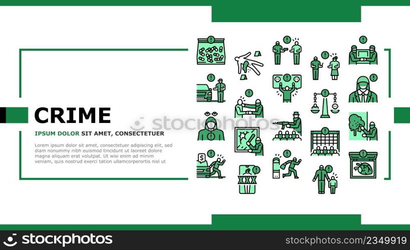 Crime Bandit Illegal Actions Landing Web Page Header Banner Template Vector. Criminal Attempt And Conspiracy, Traffic Offense Sharing Intimate Images Without Consent Sex Crime Kidnapping. Illustration. Crime Bandit Illegal Actions Landing Header Vector