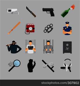 Crime icons in flat design. Offender and police, robbery and wanted. Crime flat icons