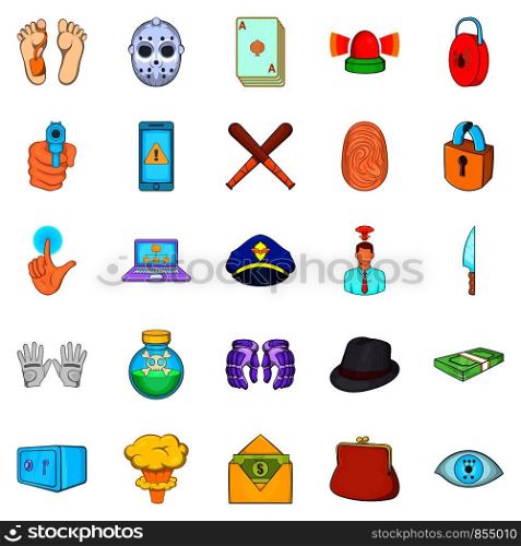 Crime icons set. Cartoon set of 25 crime vector icons for web isolated on white background. Crime icons set, cartoon style
