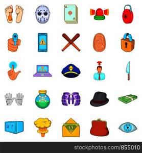 Crime icons set. Cartoon set of 25 crime vector icons for web isolated on white background. Crime icons set, cartoon style