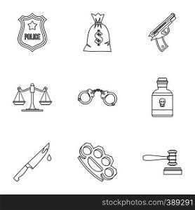 Crime icons set. Outline illustration of 9 crime vector icons for web. Crime icons set, outline style