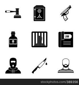 Crime icons set. Simple illustration of 9 crime vector icons for web. Crime icons set, simple style