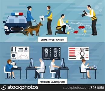Crime Investigation Flat Banners. Crime investigation flat horizontal banners with police experts and forensic laboratory on blue background isolated vector illustration