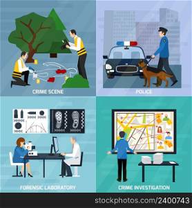 Crime investigation flat design concept with experts at murder scene forensic laboratory and police isolated vector illustration. Crime Investigation Flat Design Concept