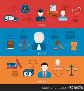 Crime police investigation judgment punishment and imprisonment symbols infographics elements flat horizontal banners set abstract vector illustration