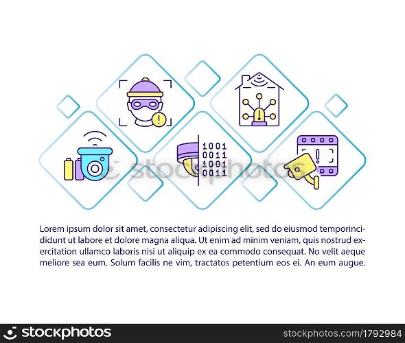Crime prevention security system concept line icons with text. PPT page vector template with copy space. Brochure, magazine, newsletter design element. Digital monitoring linear illustrations on white. Crime prevention security system concept line icons with text