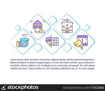 Crime prevention security system concept line icons with text. PPT page vector template with copy space. Brochure, magazine, newsletter design element. Digital monitoring linear illustrations on white. Crime prevention security system concept line icons with text