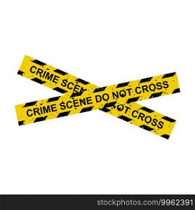 Crime scene tape. Crossed yellow lines with sign ’do not cross’. Forbidden area with restricted access symbol. Vector design isolated on white background.