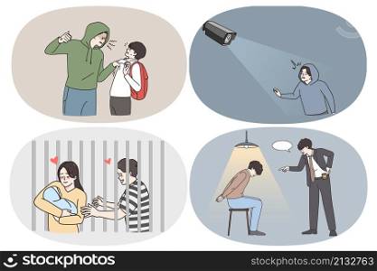 Crimes and life in prison concept. Set of criminals thieves robbers attacking people living meeting relatives in jail making crimes vector illustration. Crimes and life in prison concept