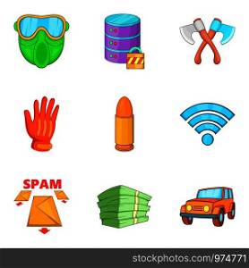 Criminal act icons set. Cartoon set of 9 criminal act vector icons for web isolated on white background. Criminal act icons set, cartoon style