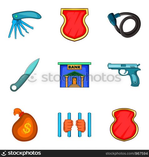 Criminal activity icons set. Cartoon set of 9 criminal activity vector icons for web isolated on white background. Criminal activity icons set, cartoon style