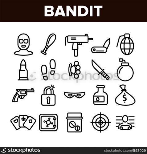 Criminal Acts, Bandit Thin Line Icons Set. Bandit Crimes Linear Illustrations Collection. Theft, Abuse, Murder, Burglary Contour Symbols. Terrorism, Gambling, Smuggling Crimes Outline Drawings. Criminal Acts, Bandit Thin Line Icons Set