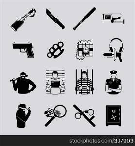 Criminal and prison black icons. Riots and detention, Molotov cocktails and fingerprints. Criminal and prison icons