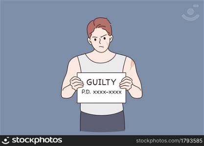 Criminal avatar, Robber, thief, bandit photo. Man cartoon character standing beside wall with black board in hand and word guilty looking at camera vector illustration. Criminal avatar, Robber, thief, bandit photo