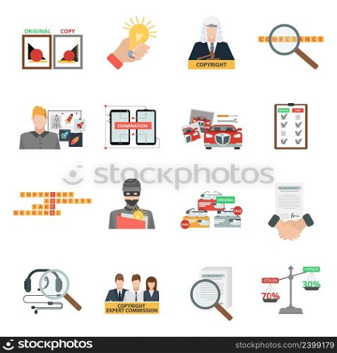 Criminal copyright law compliance and intellectual property piracy theft penalties flat icons collection abstract isolated vector illustration. Compliance copyright law flat icons set
