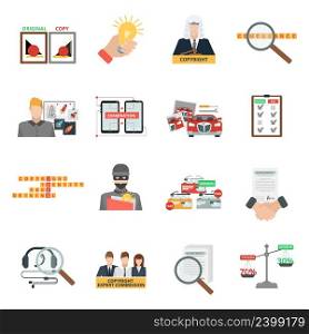 Criminal copyright law compliance and intellectual property piracy theft penalties flat icons collection abstract isolated vector illustration. Compliance copyright law flat icons set