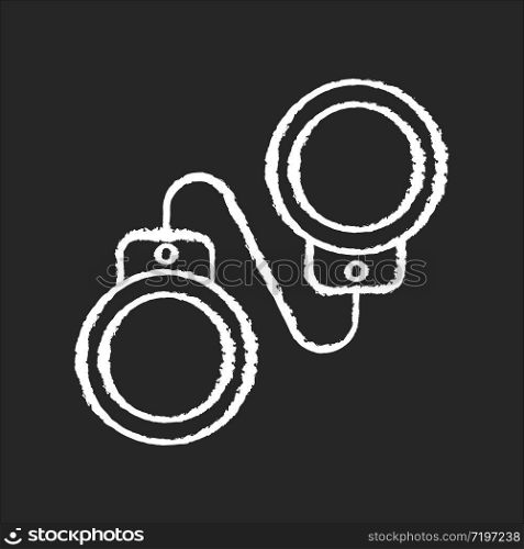 Criminal drama chalk white icon on black background. Popular movie genre, common cinema category. Detective mystery, legal crime investigation. Handcuffs isolated vector chalkboard illustration