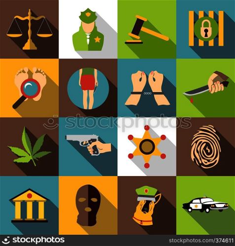 Criminal icons set. Flat illustration of 16 business plan vector icons for web. Crimonal icons set, flat style