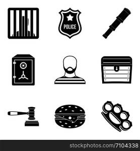 Criminal icons set. Simple set of 9 criminal vector icons for web isolated on white background. Criminal icons set, simple style