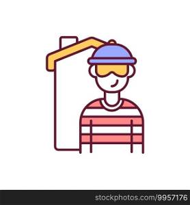 Criminal intruder to private property RGB color icon. Burglar in mask. Robbery crime. Thief stealing for home. Robber threat. Safety and protection of house from stealer. Isolated vector illustration. Criminal intruder to private property RGB color icon