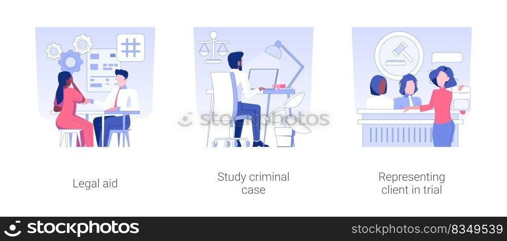 Criminal lawyer isolated concept vector illustration set. Legal aid, study criminal case, representing client in trial, presumption of innocence, evidence in court vector cartoon.. Criminal lawyer isolated concept vector illustrations.