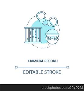 Criminal record turquoise concept icon. Dangerous suspect. Law regulation. Police report. Gun control idea thin line illustration. Vector isolated outline RGB color drawing. Editable stroke. Criminal record turquoise concept icon