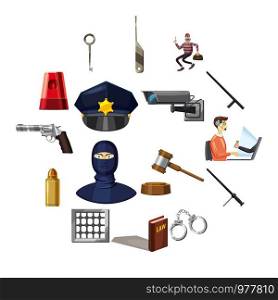 Criminal symbols icons set. Cartoon illustration of 16 criminal symbols vector icons for web. Criminal symbols icons set, cartoon style