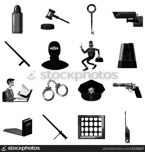 Criminal symbols icons set in monochrome style isolated vector illustration. Criminal symbols icons set monochrome